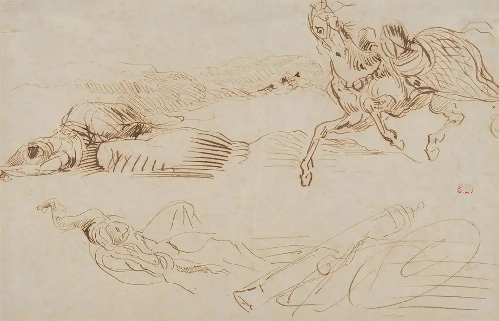 Fallen Warriors and a Runaway Horse in Detail Eugene Delacroix